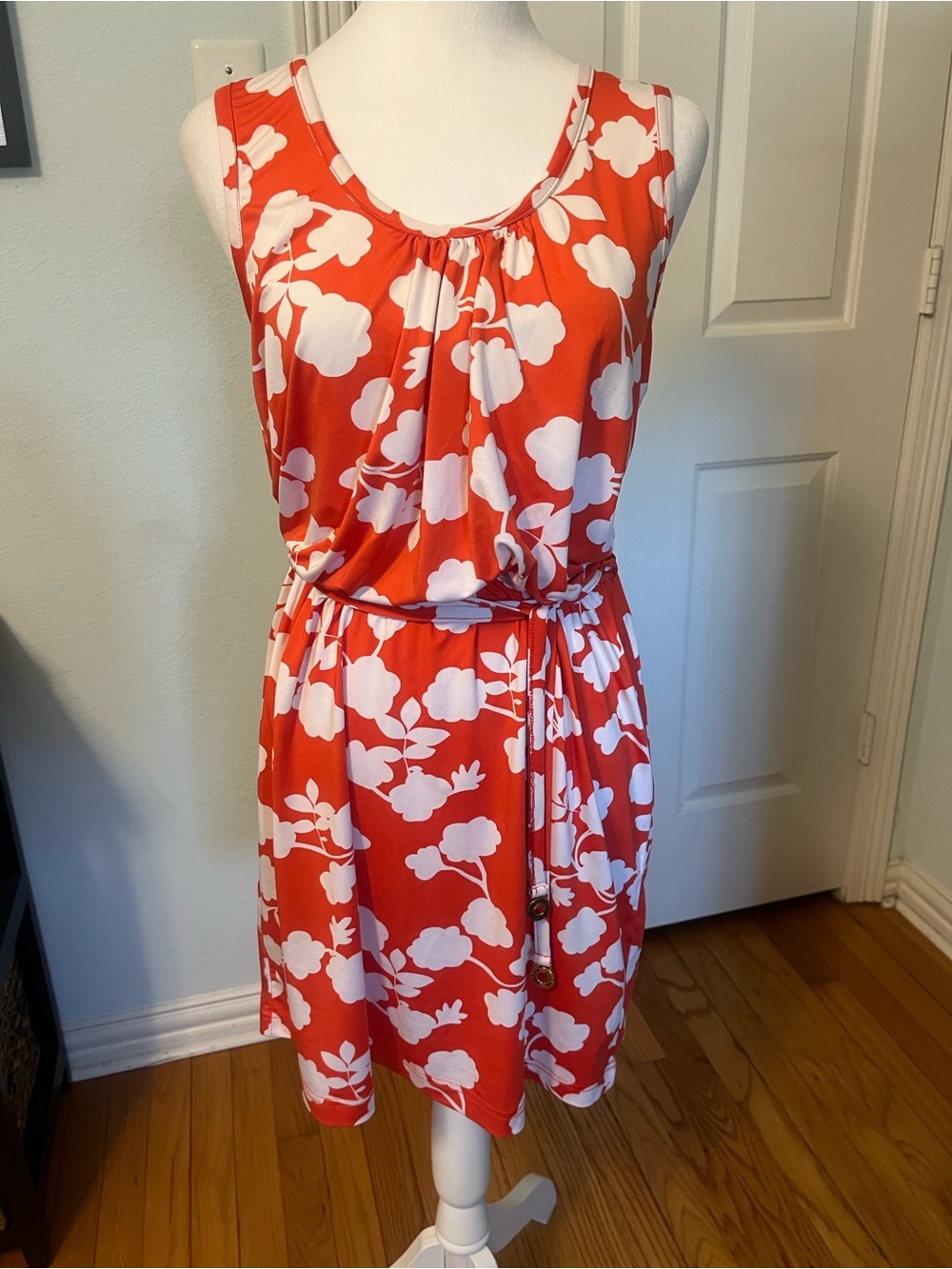 Mud Pie Coral and White Sleeveless Floral Tie-Waist Mini Dress